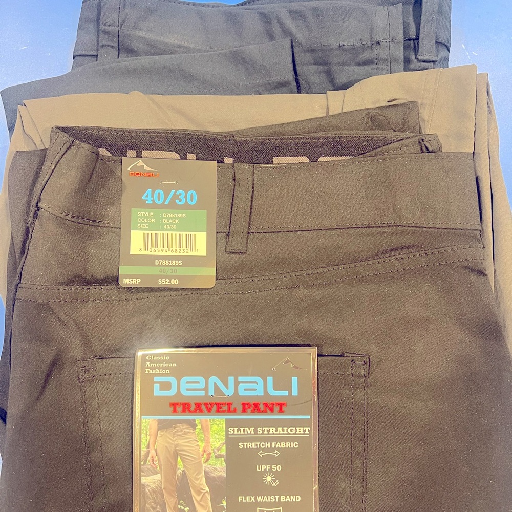 3pairs travel pants black-grey- tan 40x30